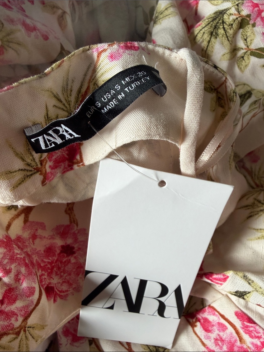 Zara Floral Ruched Midi Dress in Cream and Pink NWT - Picture 6 of 6